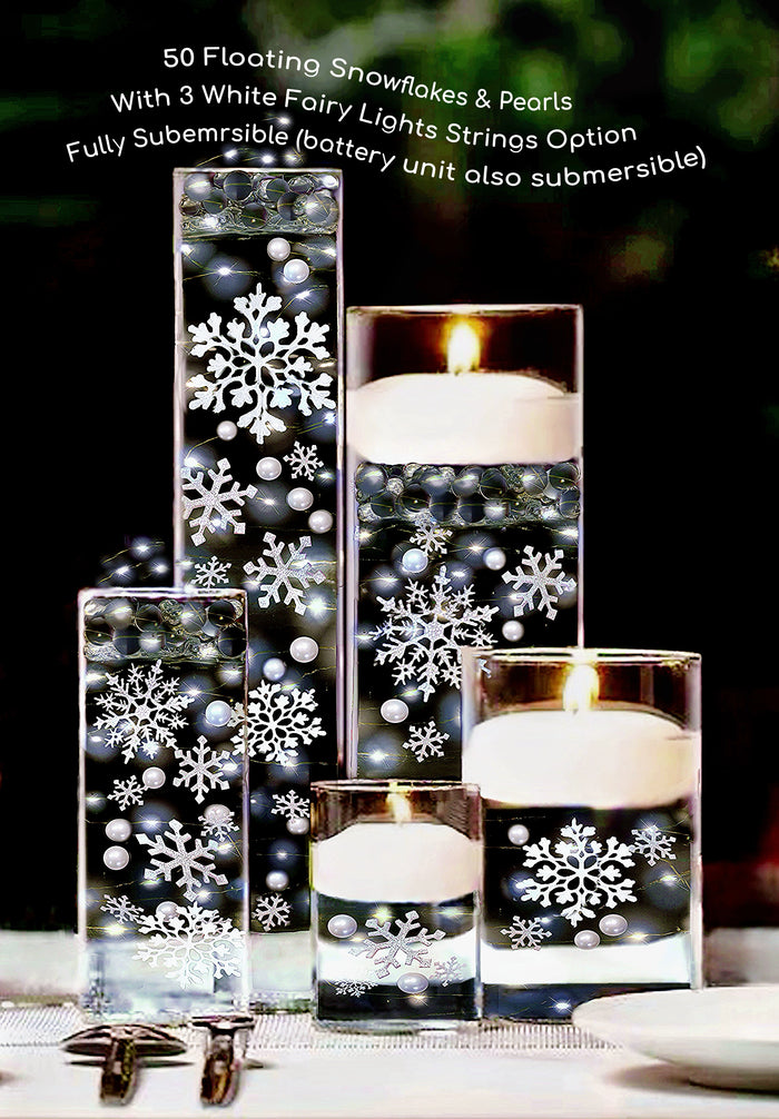 50 Floating White Snowflakes & Pearls- With Transparent Water Gels Fills 1 Gallon for Your Vases- Option: 3 Submersible LED Fairy Lights Strings with Hidable and Submersible Batteries