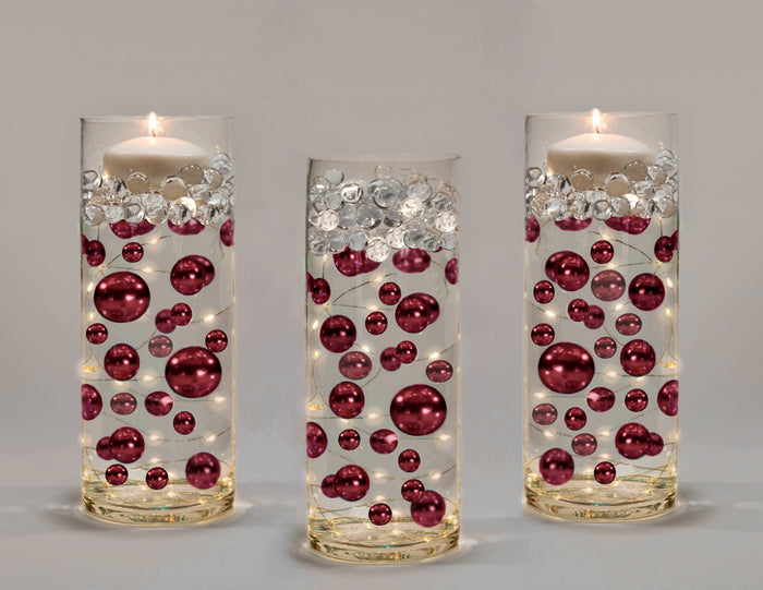 75 Floating Burgundy Pearls - Shiny - 1 Pk Fills 1 Gallon of Gels for Floating Effect - With Measured Gels Kit - Option 3 Fairy Lights - Vase Decorations