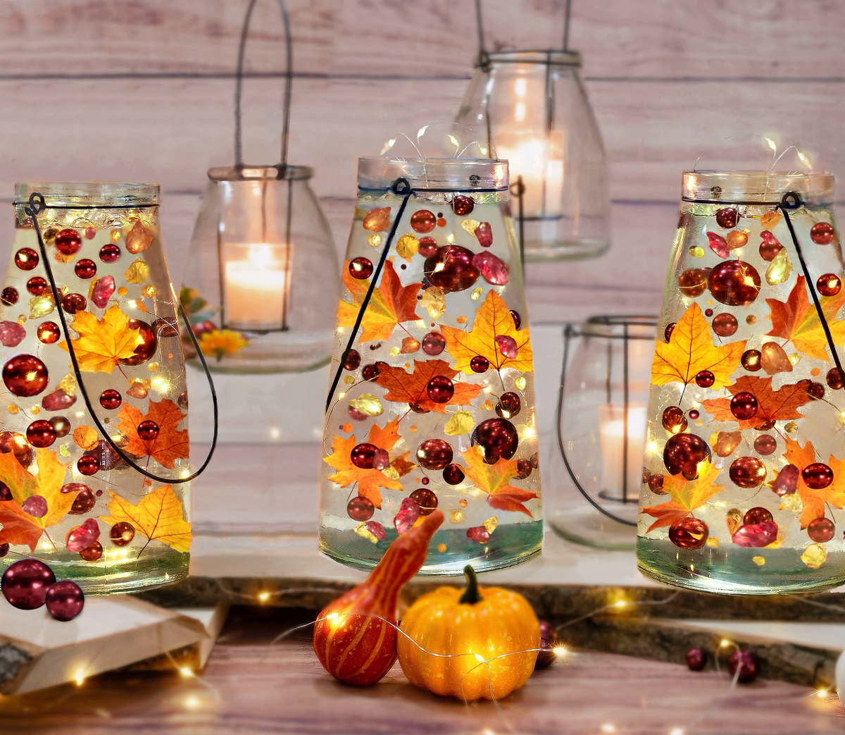 50 Floating Realistic Fall Leaves, Flowers, Pumpkin Gems-Pearls-Fills 1 Gallon Of Transparent Floating Gels-Options of 3 Submersible Fairy Lights String