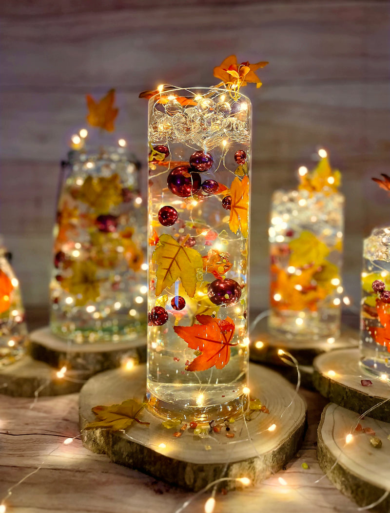 50 Floating Realistic Fall Leaves, Mums, Pumpkin Gems-Pearls-Fills 1 Gallon of The Transparent Floating Gels-Options of 3 Submersible Fairy Lights Strings