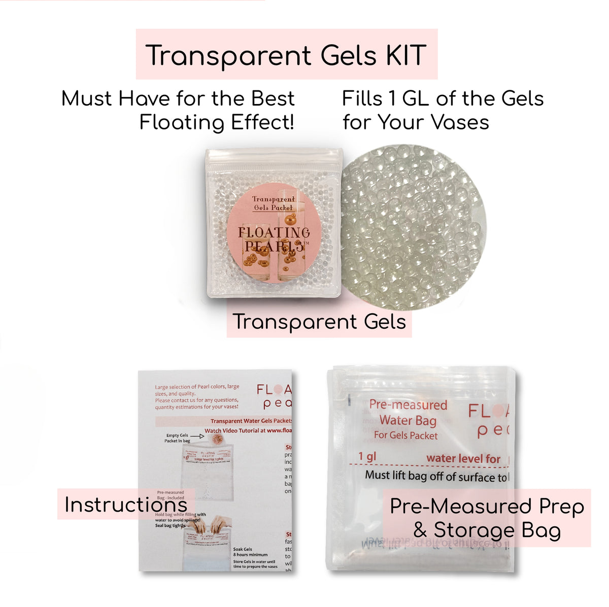 Transparent Water Gels Premeasured Kits-Each 1 Pkt Fills 1 GL of Gels for Floating Your Vase Decorations-No Guessing! Best Results-Not Including Pearls