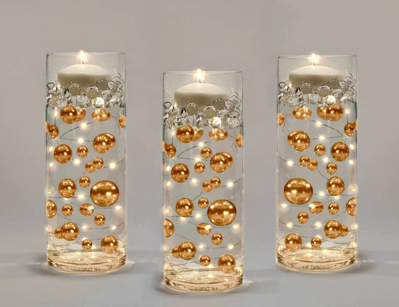 75 Floating Gold Pearls-Fills 1 Gallon of Floating Pearls and Transparent Floating Gels-With Measured Gels Prep Bag-Option of 3 Fairy Lights Strings