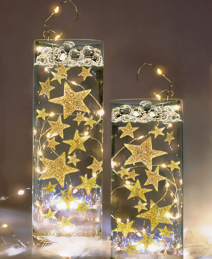 Floating Glowing Gold Stars-Large Sizes-Fills 1 Gallon of Floating Stars and the Transparent Gels for Vases-Including Measured Prep Bag-Option of Submersible Fairy Lights Strings