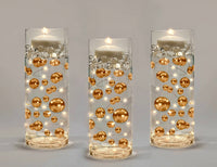 100 Floating Gold Pearls with Gold Sparkling Gems- Large Sizes- Option of 6 White or Warm White Submersible Fairy Lights Strings Hidable Submersible Batteries- Fills 2 Gallons for your Vases
