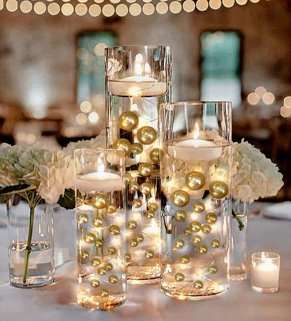 100 Floating Gold Pearls with Gold Sparkling Gems- Large Sizes- Option of 6 White or Warm White Submersible Fairy Lights Strings Hidable Submersible Batteries- Fills 2 Gallons for your Vases