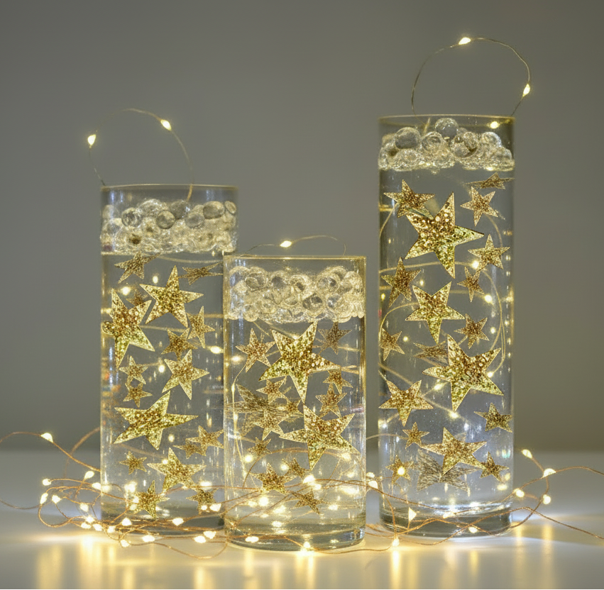 Estrellas de brillo dorado "flotantes" con opción de luces de hadas - Decoraciones de jarrones - Dispersión de mesa