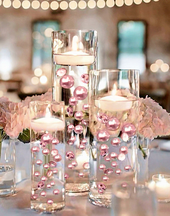 100 Floating Light Pink Pearls with Pink Sparkling Gems- Large Sizes- Fills 2 Gallons of The Floating Transparent Water Gels for Your Vases- Option: 6 Submersible Fairy Lights Strings