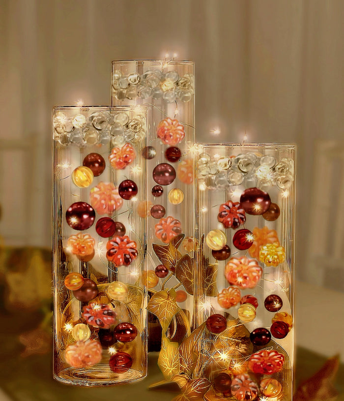 50 Fall Thanksgiving Floating Glowing Pumpkins, Gems, and Pearls - Fills 1 Gallon of the Floating Gels for Your Vase-With Floating Gels Pre-Measured Prep/Storage Bag-Option of 3 Fairy Lights Strings