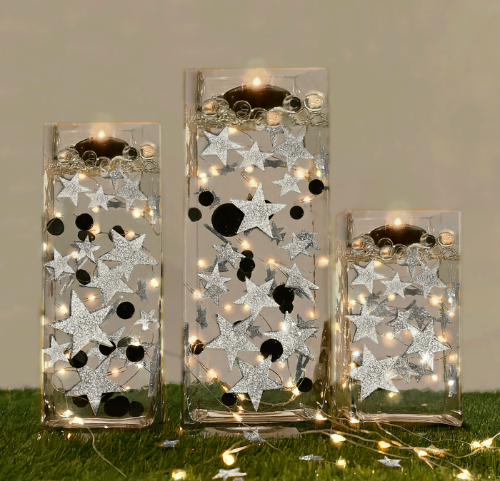 50 Floating Silver Stars Glitter-Fills Gallons for Your Vases With Transparent Floating Gels Kit+Option of Submersible Fairy Lights-Stunning Vase Decorations