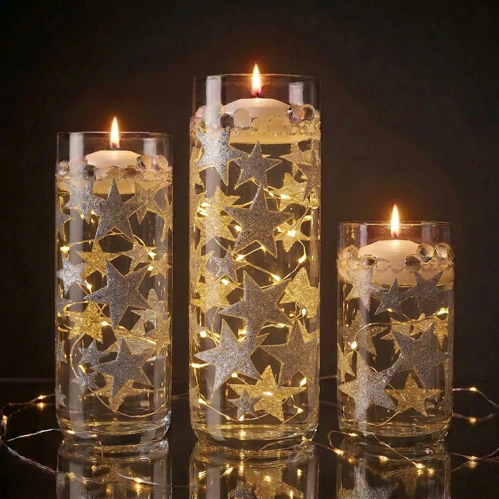 50 Floating Silver Stars Glitter-Fills 1 Gallon for Your Vases With Transparent Floating Gels Kit- With an Option of: 3 Submersible LED Fairy Lights Strings with Hidable & Submersible Batteries
