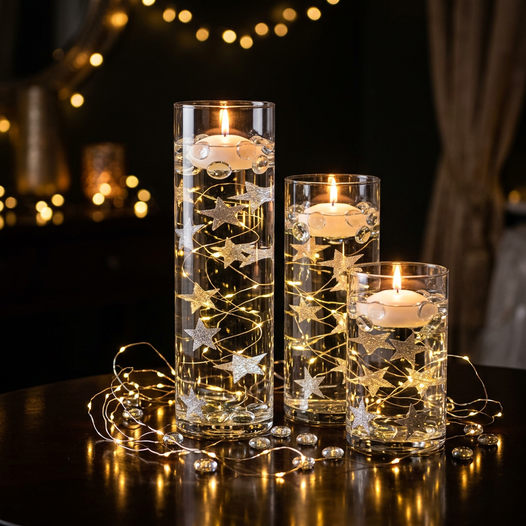 50 Floating Silver Stars Glitter-Fills 1 Gallon for Your Vases With Transparent Floating Gels Kit- With an Option of: 3 Submersible LED Fairy Lights Strings with Hidable & Submersible Batteries