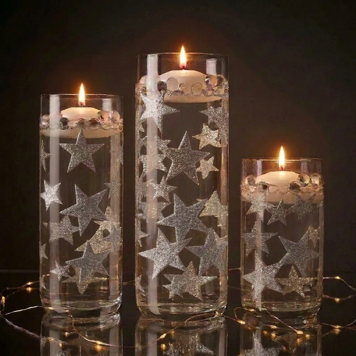 50 Floating Silver Stars Glitter-Fills 1 Gallon for Your Vases With Transparent Floating Gels Kit- With an Option of: 3 Submersible LED Fairy Lights Strings with Hidable & Submersible Batteries