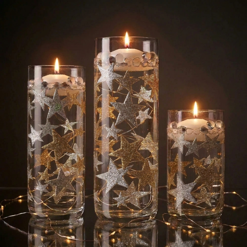 50 Floating Silver Stars Glitter-Fills 1 Gallon for Your Vases With Transparent Floating Gels Kit- With an Option of: 3 Submersible LED Fairy Lights Strings with Hidable & Submersible Batteries