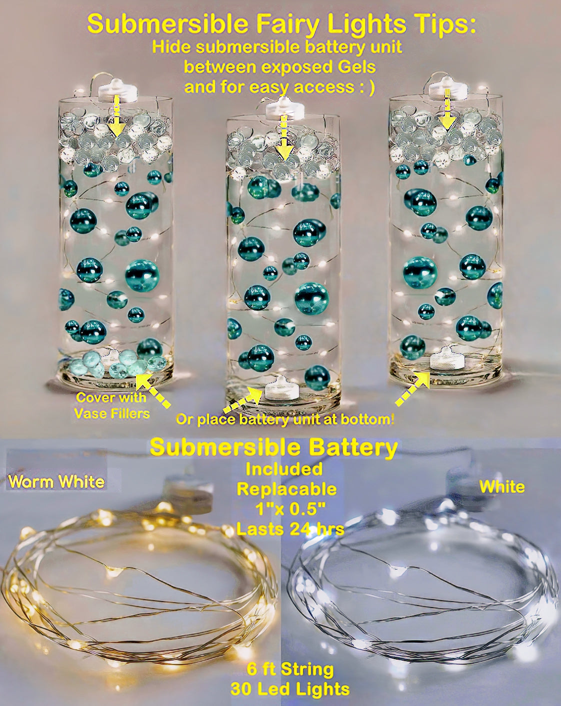 100 Floating Light Pink Pearls with Pink Sparkling Gems- Large Sizes- Fills 2 Gallons of The Floating Transparent Water Gels for Your Vases- Option: 6 Submersible Fairy Lights Strings