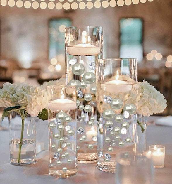 100 "Floating" White Pearls and Matching Gems-Shiny-Fills 2 Gallons of Floating Pearls, Gems and the Transparent Gels for Vases-With Exclusive Gels Prep Bags-Option: 6 Submersible Fairy Lights Strings