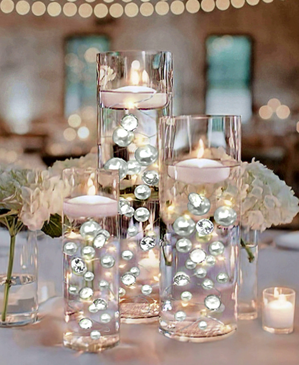 100 Floating White Pearls and Sparkling Gems - Large Sizes - Fills 2 Gallons of the Transparent Water Gels for the Floating Effect- With Exclusive Measured Prep Bags - Option: 6 Submersible Fairy Lights Strings