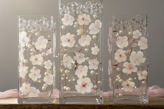 60 Floating Ivory White Light Pink Cherry Blossoms Flowers- Matching Pebbles & Pearls- Fills 1 Gallon of the Floating Transparent Water Gels for Your Vases- With Exclusive Measured Prep Bag- And Option of 3 Submersible Fairy Lights Strings
