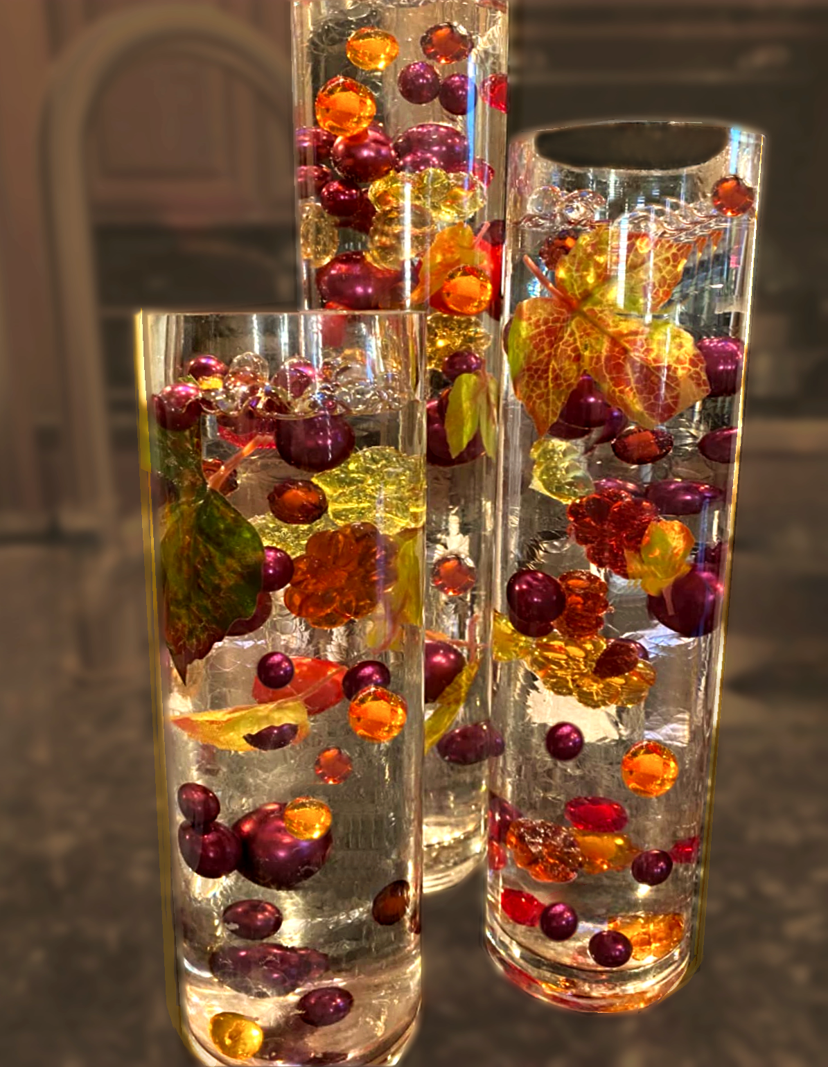 50 Floating Realistic Fall Leaves- Pumpkins- Mums & Pearls- Large sizes- Fills 1 Gallon of The Transparent Water Gels for Vases- with Pre-Measured Prep Bag- Option of 3 Submersible Fairy Lights Strings