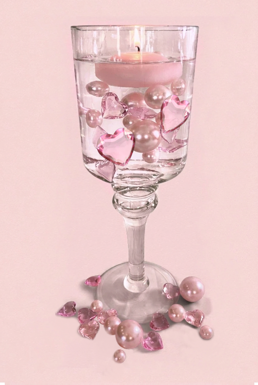50 Floating Valentine Light Pink Hearts Large Sizes & Matching Pearls - Vase Decorations - Table Scatter