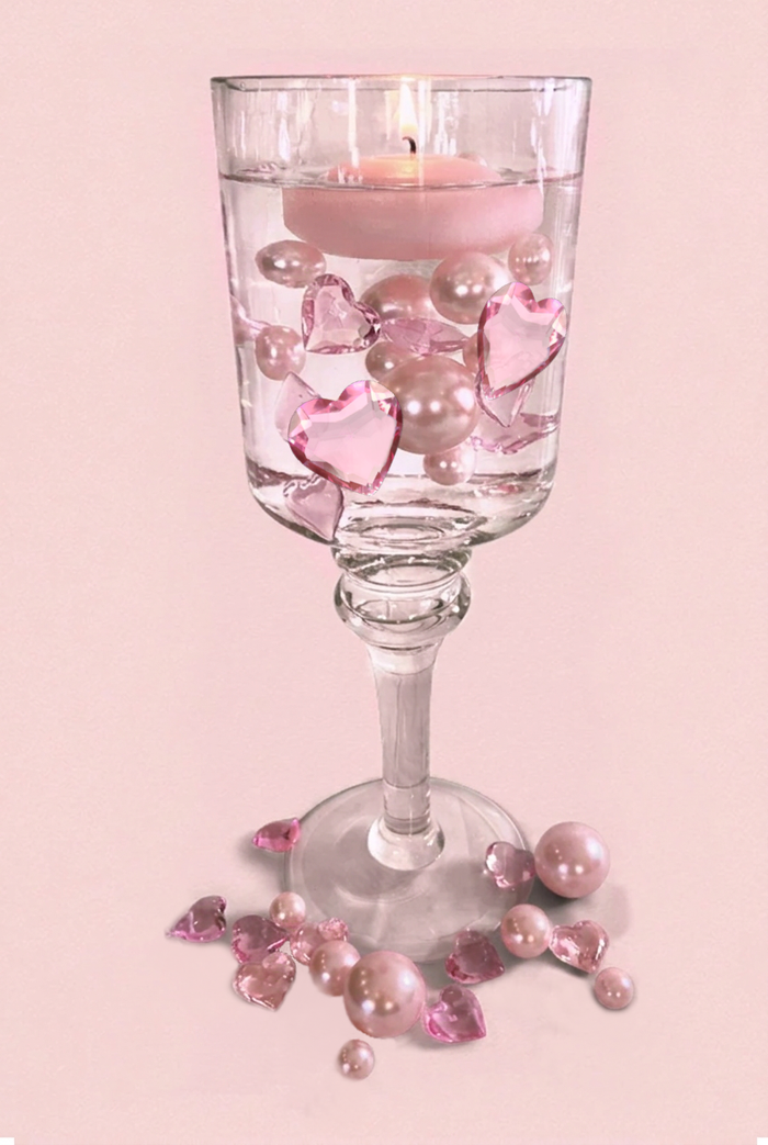 50 Floating Valentine Light Pink Hearts Large Sizes & Matching Pearls - Vase Decorations - Table Scatter