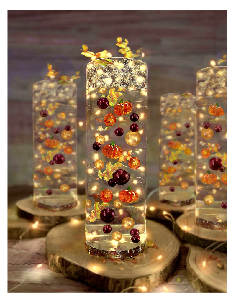 50 Fall Thanksgiving Floating Glowing Pumpkins, Leaves, and Pearls- Fills 1 Gallon of the Floating Transparent Gels for Your Vases- Option to Add 3 Submersible Fairy Lights Strings