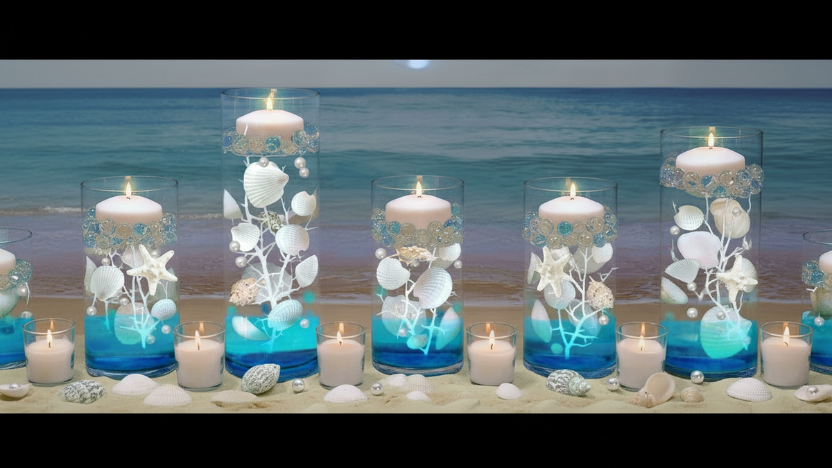 75 Floating Seashells White Mostly-White Coral Reef-White Starfish-Pearls-Aqua Beads-Option: 3 Submersible LED Fairy Lights Strings with Hidable Submersible Batteries-Includes the Transparent Water Gels Which Fills 1 Gallon of the Floating Water Gels