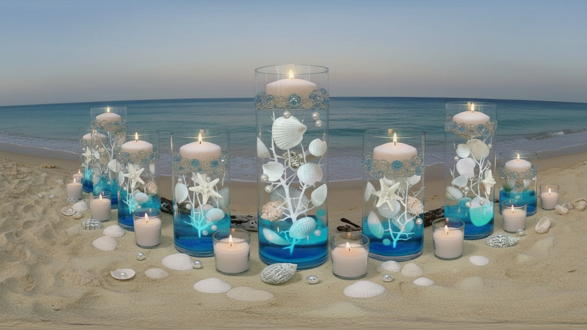 75 Floating Seashells White Mostly-White Coral Reef-White Starfish-Pearls-Aqua Beads-Option: 3 Submersible LED Fairy Lights Strings with Hidable Submersible Batteries-Includes the Transparent Water Gels Which Fills 1 Gallon of the Floating Water Gels