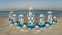 75 Floating Seashells White Mostly-White Coral Reef-White Starfish-Pearls-Aqua Beads-Option: 3 Submersible LED Fairy Lights Strings with Hidable Submersible Batteries-Includes the Transparent Water Gels Which Fills 1 Gallon of the Floating Water Gels