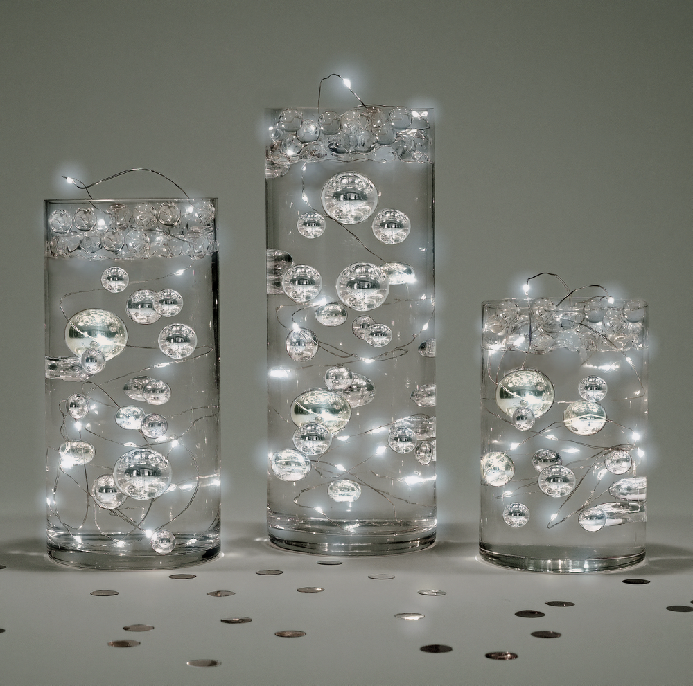 Floating Metallic Silver Pearls-Jumbo Sizes-Fills 1 Gallon of Floating Pearls & the Transparent Gels for Floating Effect-With Exclusive Measured Floating Gels Prep Bag- Option: 3 Submersible Fairy Lights Strings