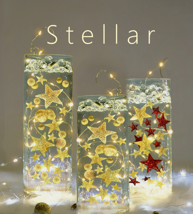 Floating Glowing Gold Stars-Large Sizes-Fills 1 Gallon of Floating Stars and the Transparent Gels for Vases-Including Measured Prep Bag-Option of Submersible Fairy Lights Strings