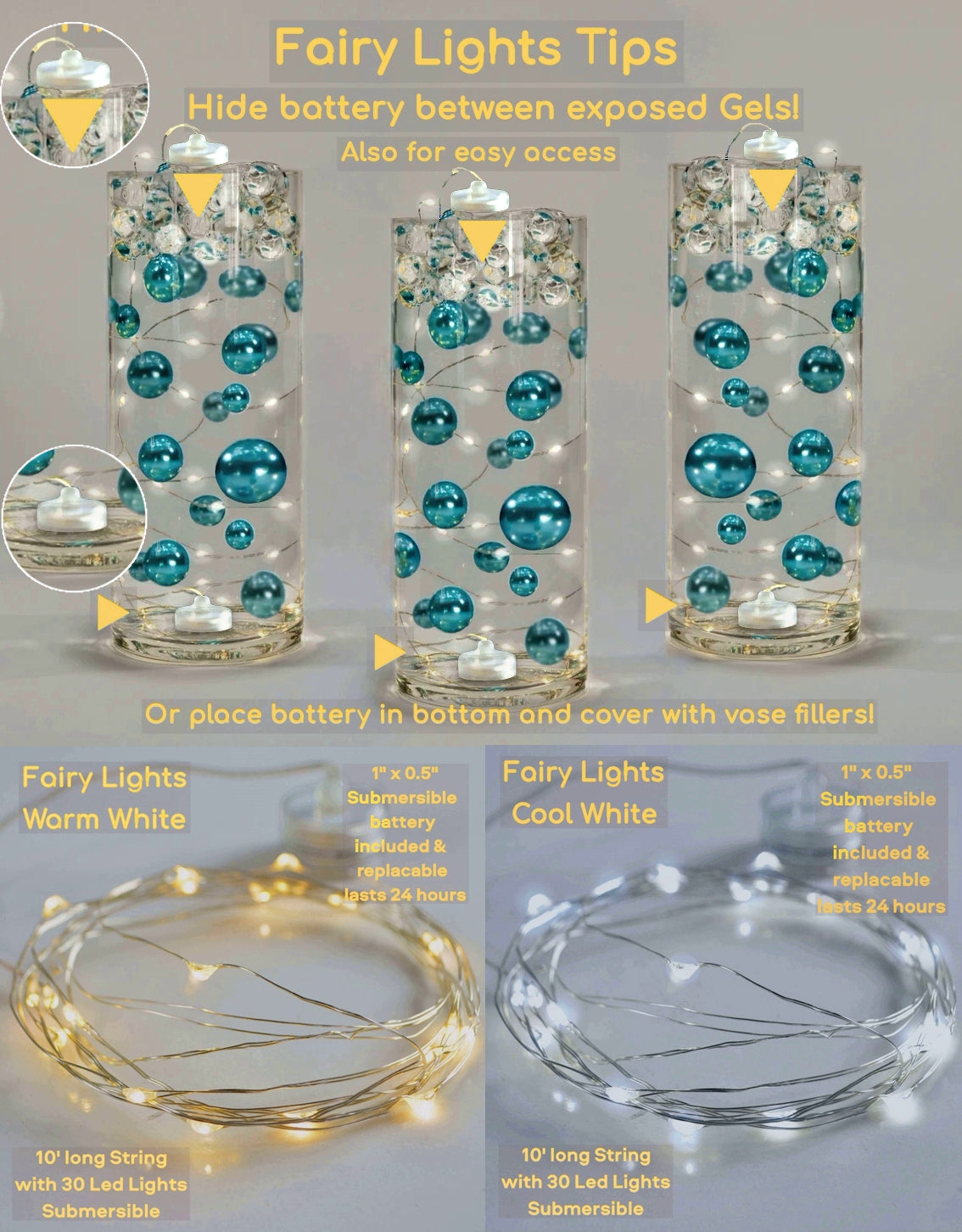 100 Floating Ivory Pearls and Matching Gems-Shiny-Jumbo Sizes-Fills 2 Gallons of Transparent Gels for Floating Effect-With Measured Floating Gels Prep Bags-Option: 6 Submersible Fairy Lights Strings