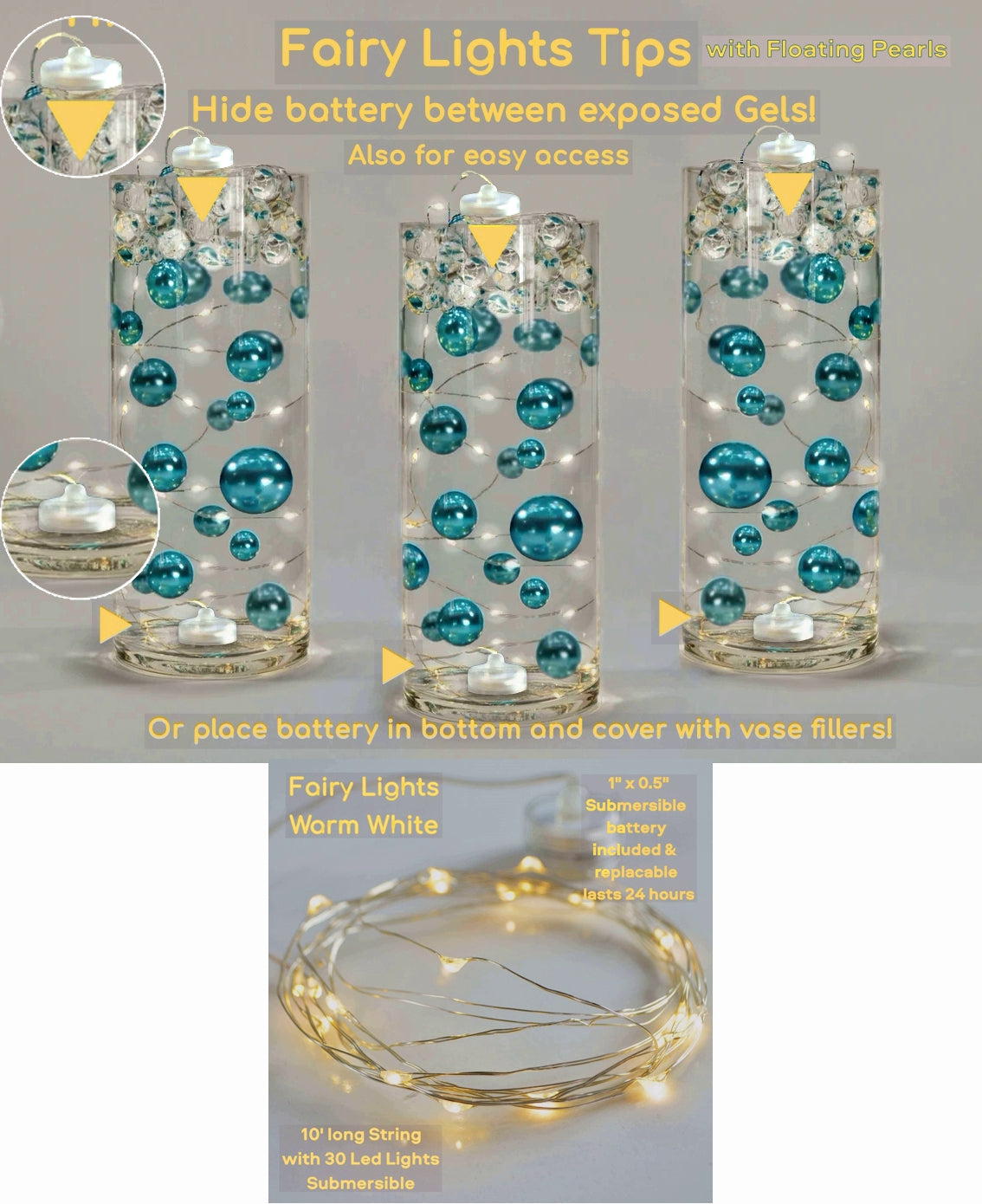 75 Floating Gold Pearls-Fills 1 Gallon of Floating Pearls and Transparent Floating Gels-With Measured Gels Prep Bag-Option of 3 Fairy Lights Strings