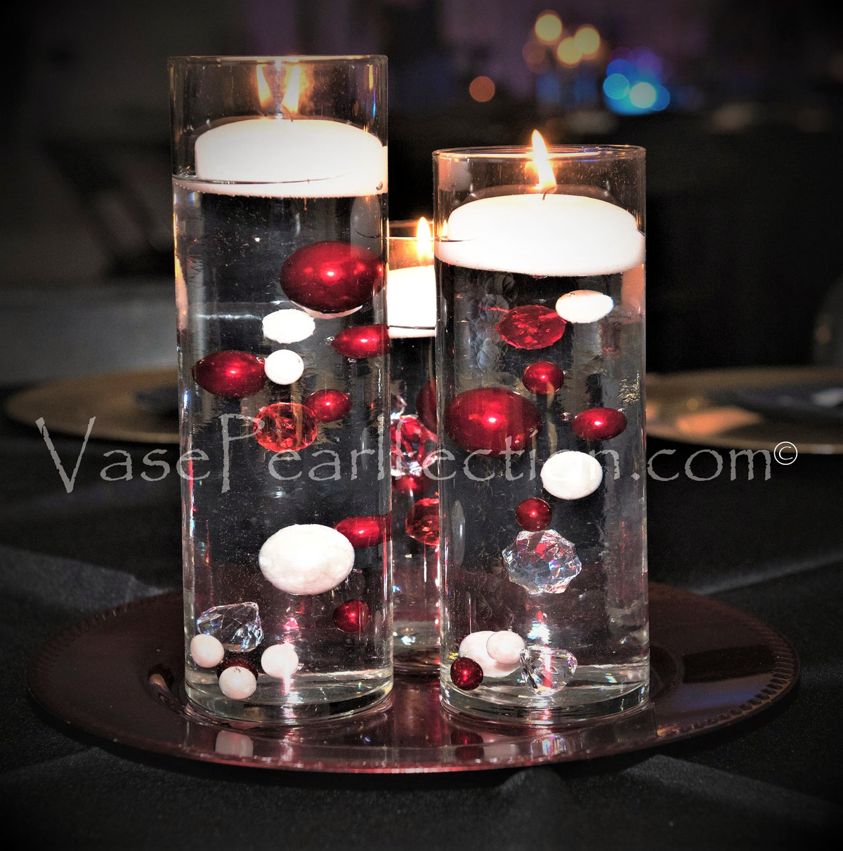 100 Floating Red Pearls and Sparkling Gems- Large Sizes- Option of 3 Submersible Fairy Lights Strings Hidable Submersible Batteries- 2 Gallons of Transparent Water Gels for Vases