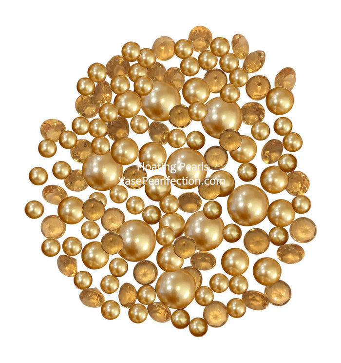 100 Floating Gold Pearls and Matching Sparkling Gold Gems - With Measured Transparent Floating Gels Kit - Option of 6 Fairy Lights Strings