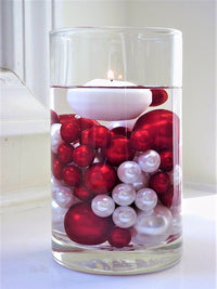 100 Floating Red Pearls and Sparkling Gems- Large Sizes- Option of 3 Submersible Fairy Lights Strings Hidable Submersible Batteries- 2 Gallons of Transparent Water Gels for Vases