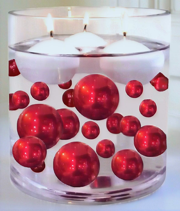 100 "Floating" Red Pearls and Matching Gems-Shiny-Jumbo Sizes-Fills 2 Gallons for Your Vases-With Transparent Water Gels Floating Kit-Option: 6 Submersible Fairy Lights Strings